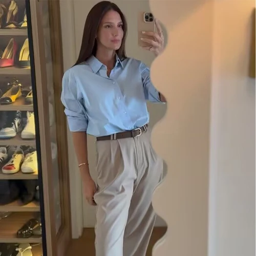 Imagen 2 del producto HXAO 2025 Camisa larga azul para mujer, camisas de gran tamaño de manga larga para primavera, blusas informales de estilo coreano con botones