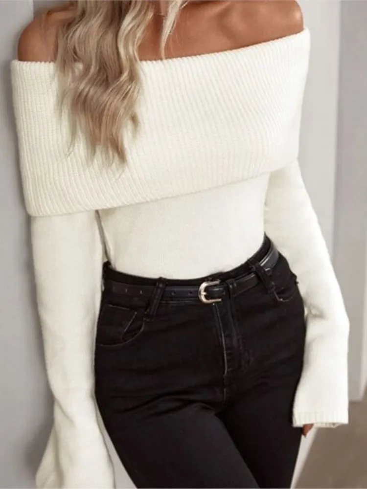 

Elegant Knitted Pullover For Woman Autumn Fashion Solid Color One-line Collar Long Sleeves Sweater Winter Ladies Slim Sweaters