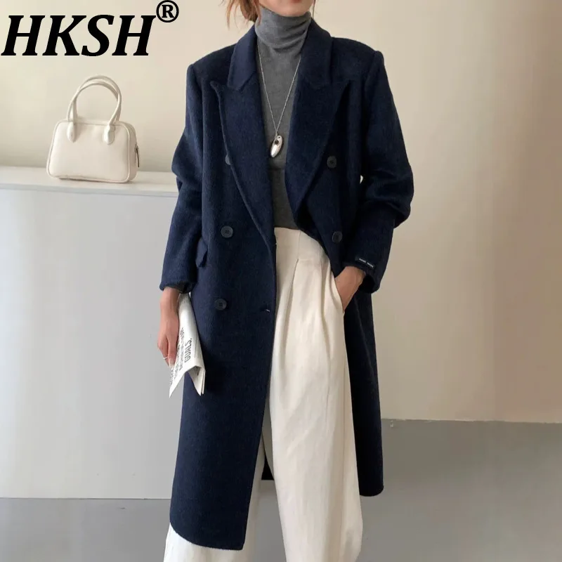 

HKSH осень-зима новое женское длинное пальто с зубчатым воротником двубортные карманы элегантная модная модная шерстяная куртка HK15035