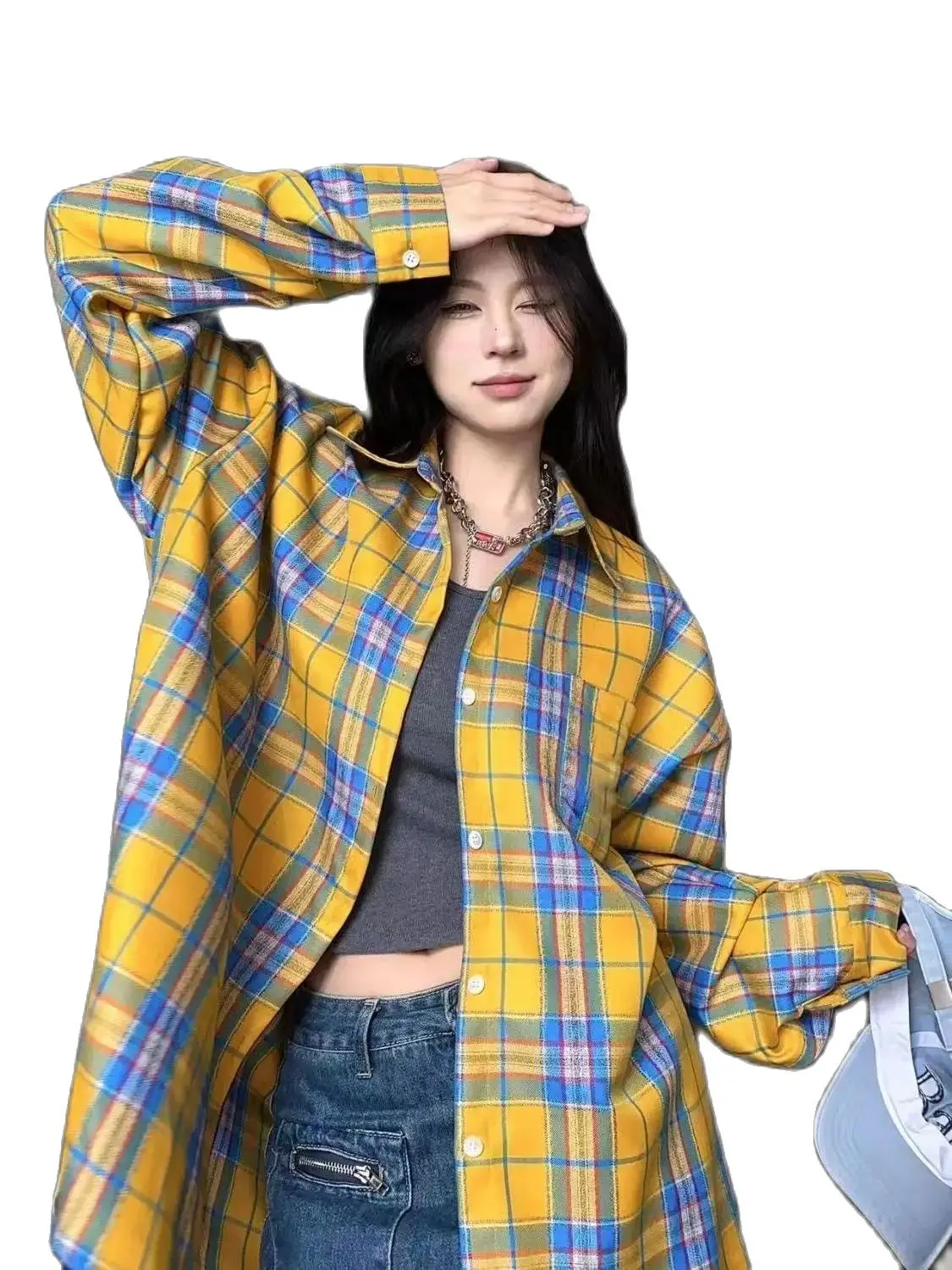 Plaid Shirts Women Autumn Stylish Girlish Lovely Chic American Retro Niche Style Long Sleeved Lounge Wear Youthful Advanced