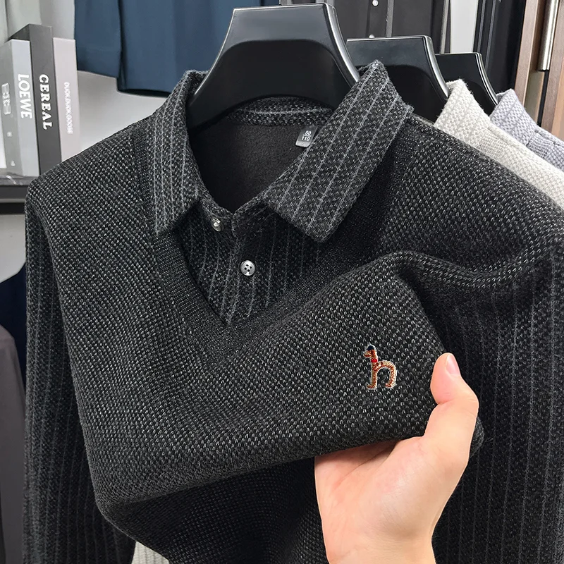 Best Seller Man Long-Sleeved Polo Shirt False Two-Piece Lapel Button Exquisite Embroidery Thicken Fleece-Lined Winter Trend Tops
