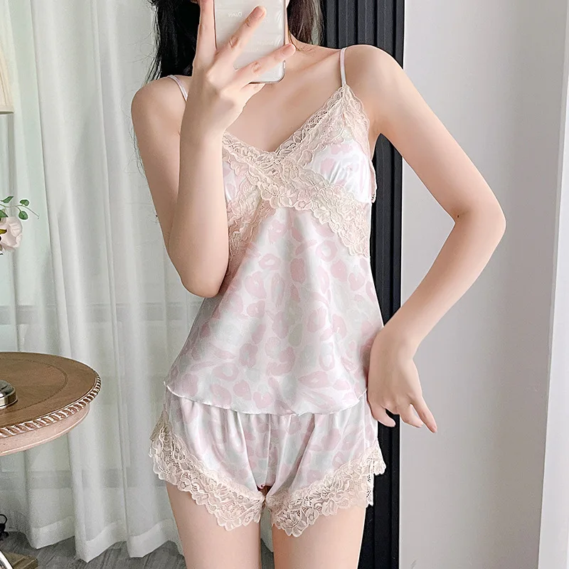 Summer Cami&Shorts Pajamas Loose Casual Home Clothes Sexy Satin Printed Sleepwear Female Pyjamas Intimate Lingerie Nightwear