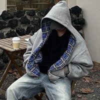 2025 New Casual Retro Zipper Hoodie Gothic Blue Striped Plaid Front and Back Two Sweatshirt 90s Hip Hop Loose Gray Sweatshirt