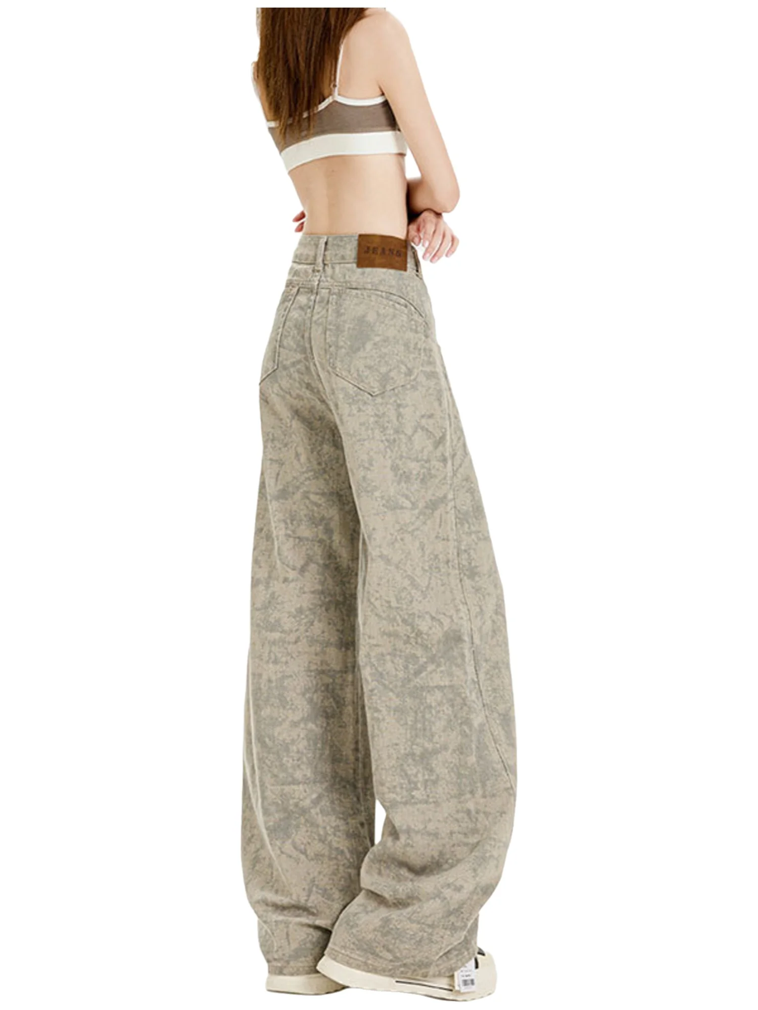 Women's Light Khaki Tie-Dye Vintage Wash High Waist Wide Leg Jeans - Distressed Mottled Texture Retro Casual Denim Pants