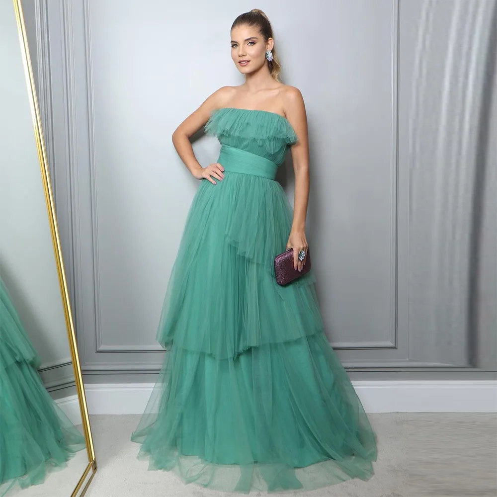 

Sevintage Elegant Tiered Ruffles Tulle Prom Dresses Strapless Dubai Women A-Line Pleat Ruched Evening Gown Formal Party Dress