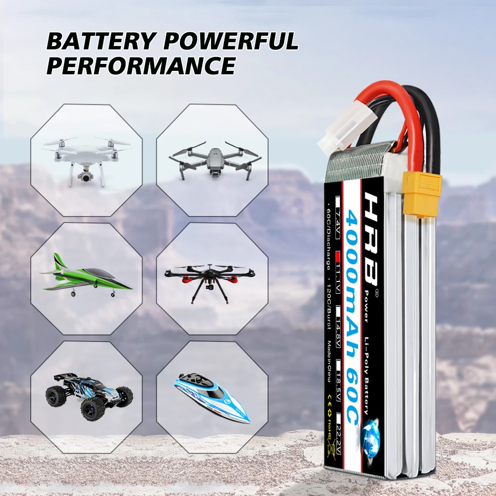 HRB 3S 4000 mAh แบตเตอรี่ Lipo 11.1V 4000 mAh RC แบตเตอรี่ 60C พร้อม XT60 สําหรับ RC รถรถบรรทุก Monster RC เครื่องบิน FPV Drone เรือ