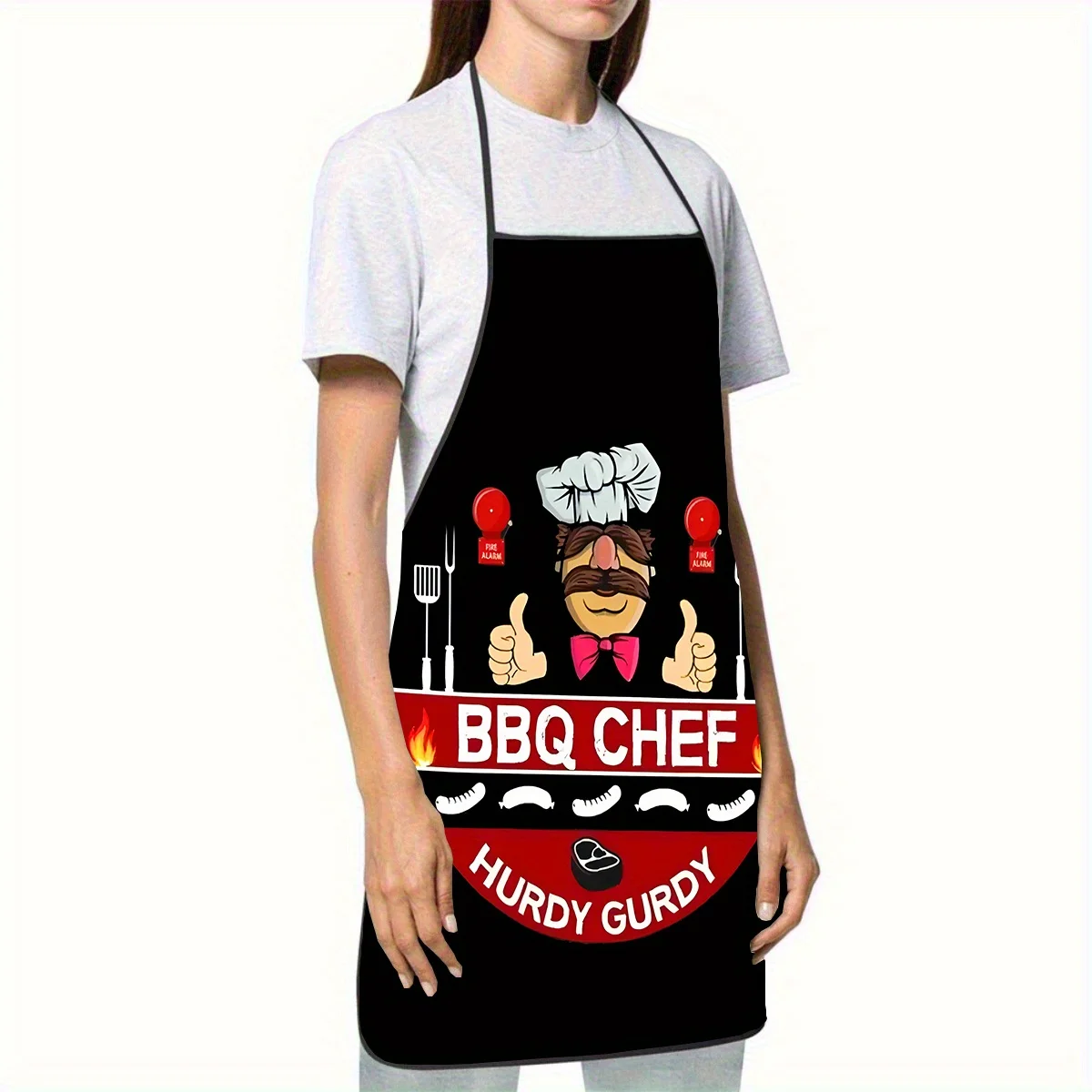 1pc BBQ Chef Apron - Durable Polyester with Chef Hat & Bow Tie Design, Thumbs Up, BBQ Logo & Grilled Utensil Graphics