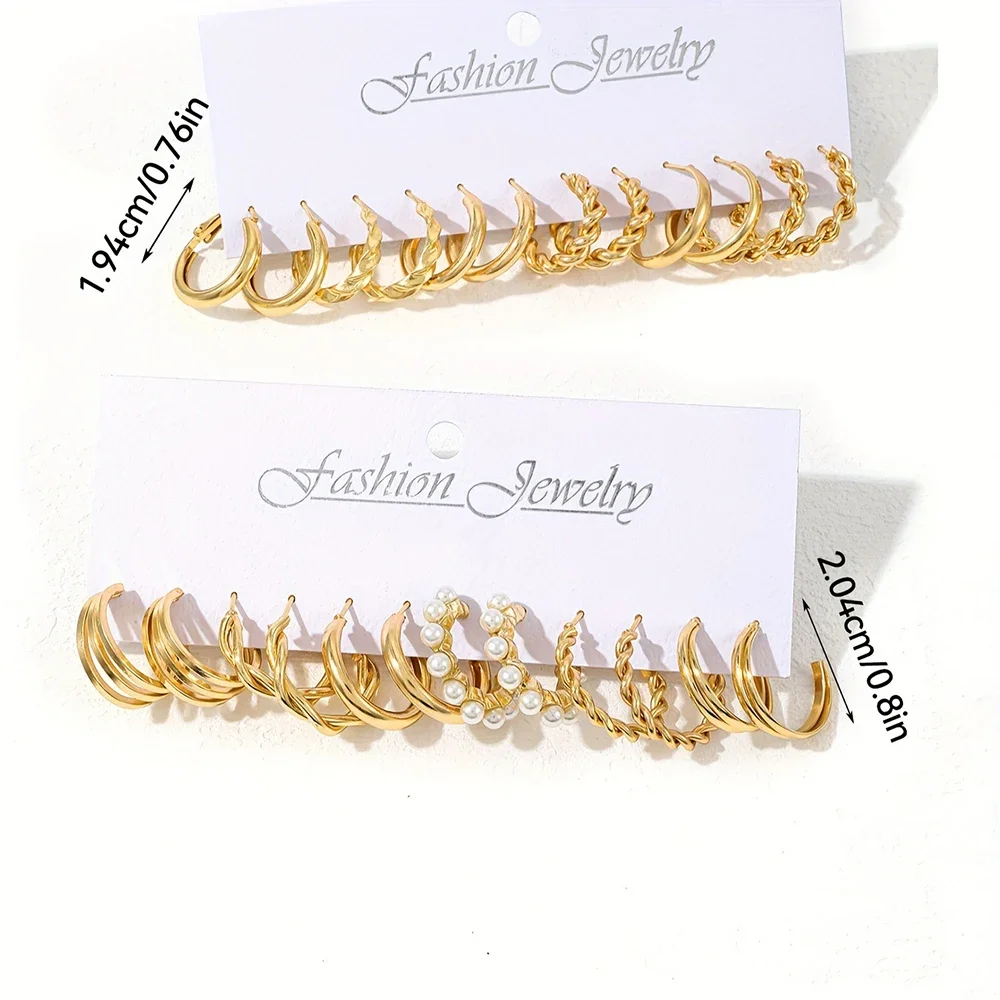 Boho Big Circle Hoop Earring Set for Women, Gold Color Bohemia Vintage Pearl Earring Heart Zircon Ear Studs Jewelry Gifts