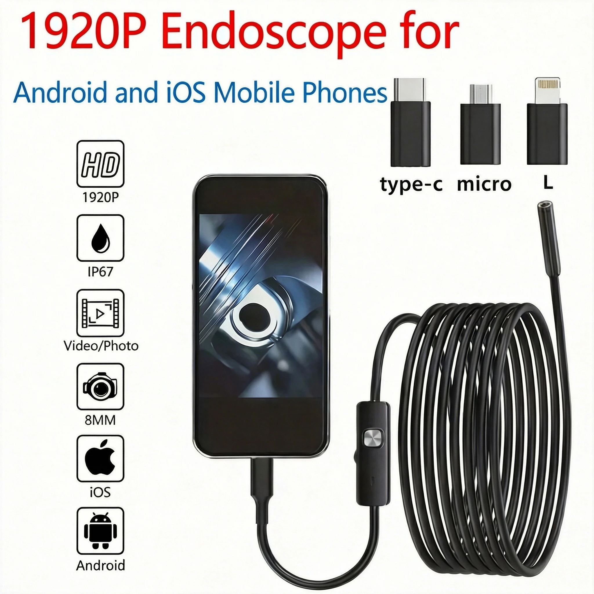 

1920P HD Endoscope Camera for iPhone & Android, Type-C Borescope IP67 Waterproof Snake Camera for Car Sewer Pipe Inspection