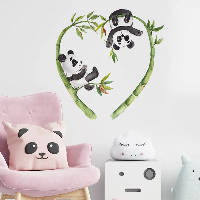 Cartoon panda love bamboo flowers children bedroom porch home wall decoration PVC wall stickers room decor aesthetic DIY 39x40cm