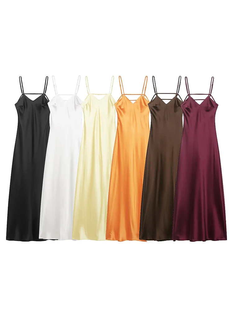 TFMLN Sommer Frauen Neue Einfarbig Midi Sling Kleid V-ausschnitt Mode Backless Strap Satin Zipper Party Kleid Sexy Urlaub Tragen