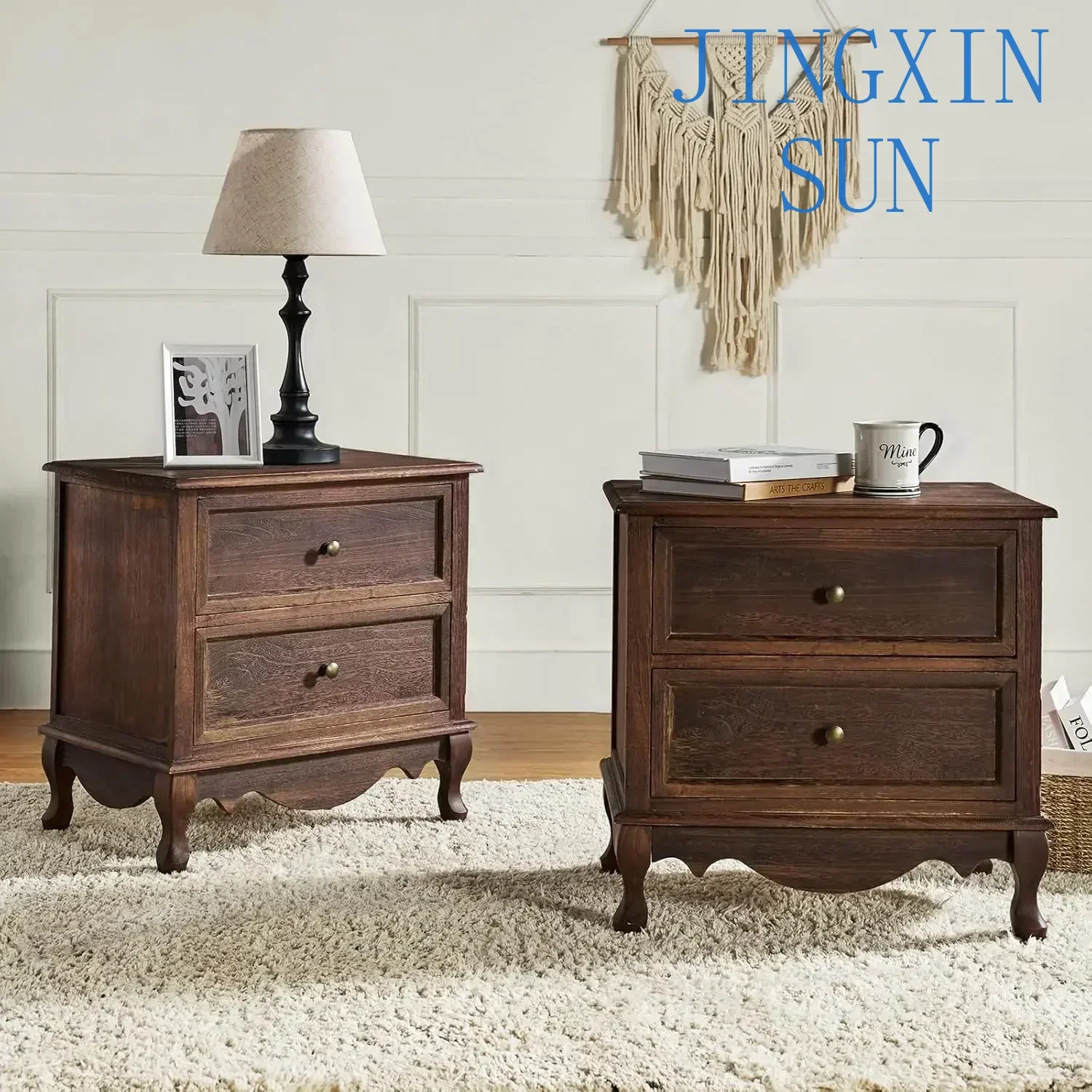 Nordic 2 Set Wood Walnut Nightstands Dressers with Charging Station