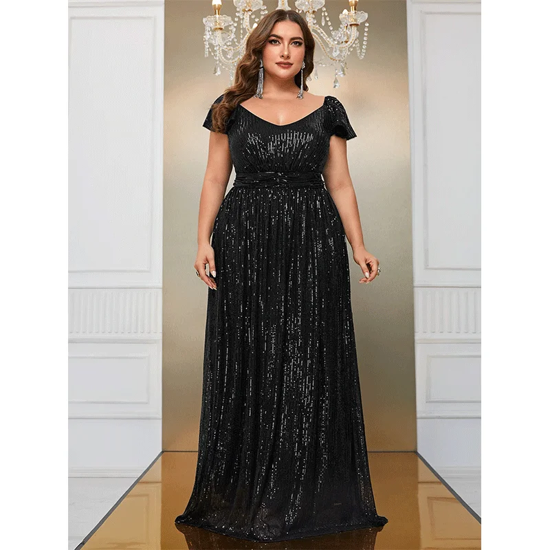 Plus Size Short Sleeve Loose Purple Sequin Elegant Evening Dress 4XL 5XL Big Size Fashionable Sequin Long Dress for Women