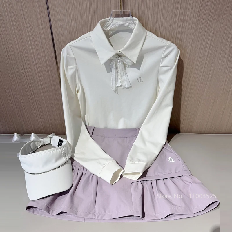 PL Women Long Sleeve Golf Polo Shirts Ladies Autumn New T-shirt Bowknot Lapel Sports Top Ladies Cargo Short Skirts Slim Skort