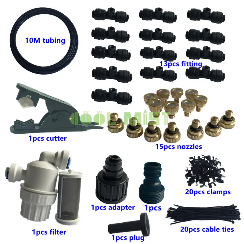 A34 DIY 10M misting kits including 15pc fog nozzles 13pc nozzle fittings for gazebo garden humidification misting cooling system