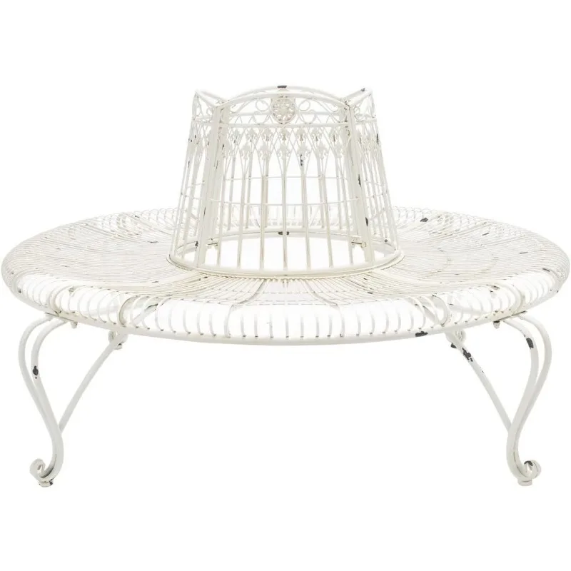 Antique White Wrought Iron 60" Round Tree Stool Made of Solid Iron with Victorian Scroll Detailing and A Rustic White Finish