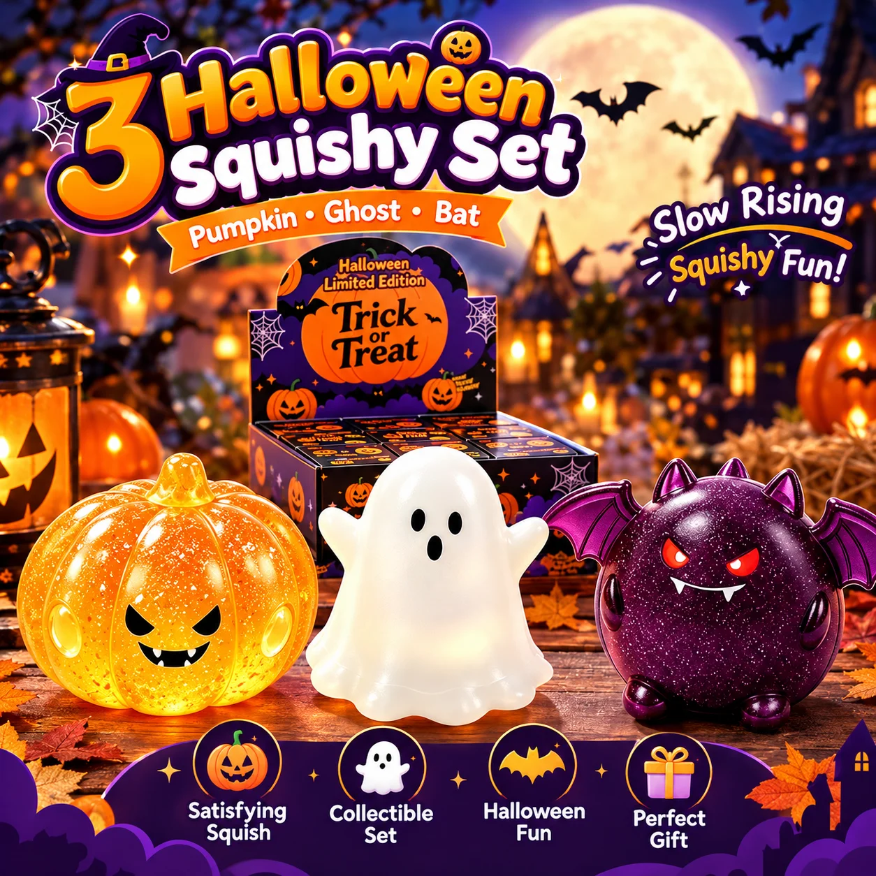 New Halloween Squishy Toy Blind Box Pumpkin Ghost Bat Slow Rising Squeeze Fidget Toy Cute Soft Stress Relief Collectible Gift