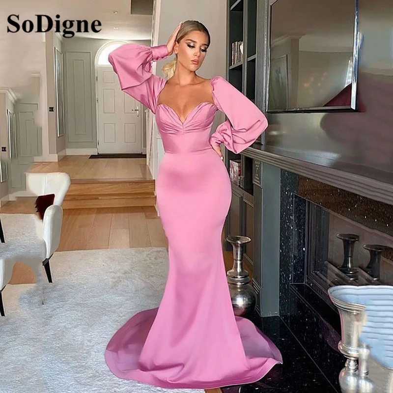 

SoDigne Saudi Arabia Long Sleeves Prom Dress For Wedding Party Pink Mermaid Simple Evening Gowns Formal Party Dress