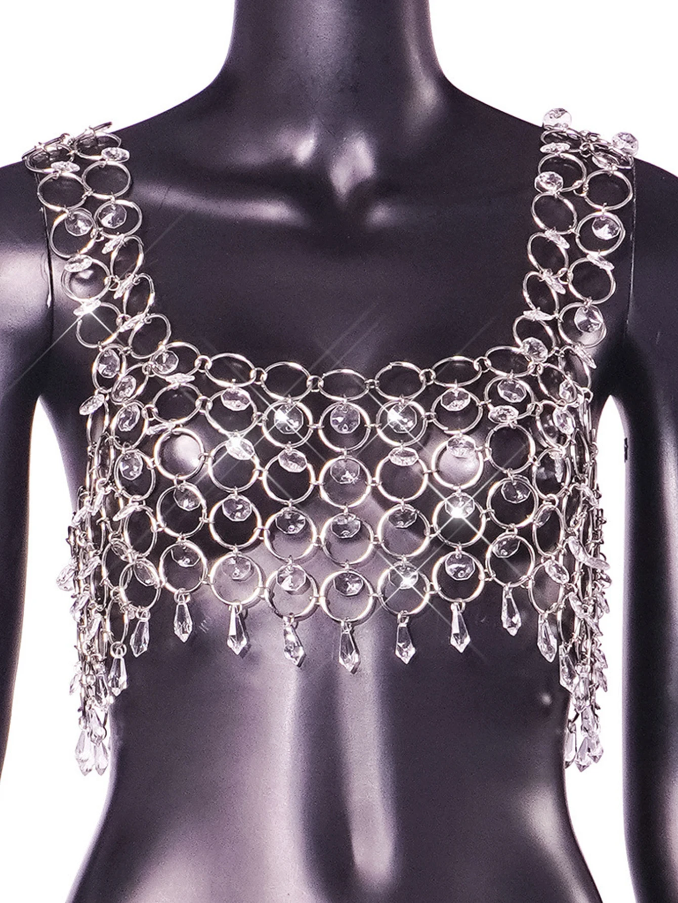 Sexy see through metal rhinestone crop top women summer body beach party halter tank top hotwife nightclub outfits cropped tops