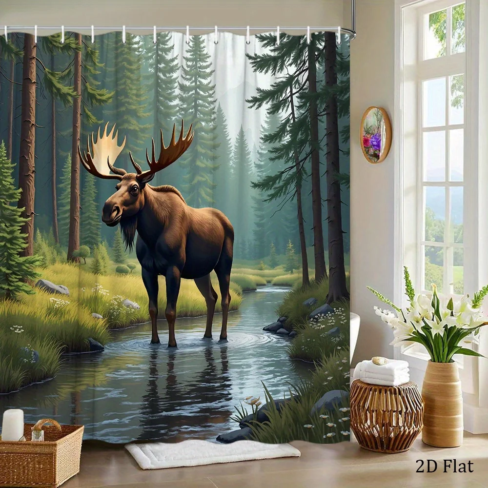 Moose in Forest Stream Shower Curtain Wild Animal and Pine Trees Print Polyester Bath Curtain with 12 Hooks for Nature Decor