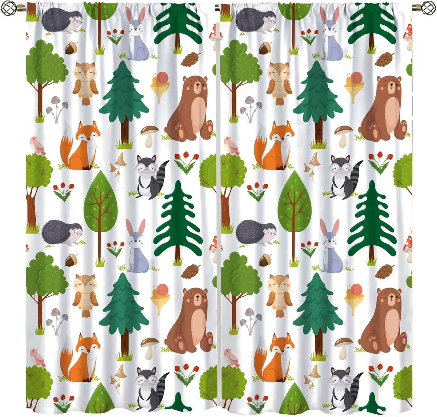 Forest Animal Curtains, Watercolor Wild Animal Bear Fox Deer Kids Window Treatments for Living Room Bedroom,Green Woodland Tree
