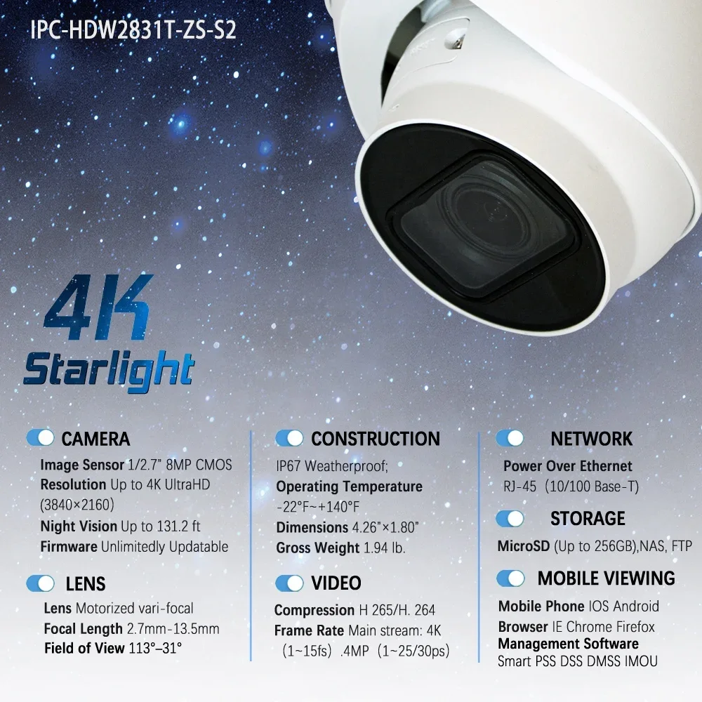 DH 5MP 4MP 4K 8MP 屋外用5倍光学ズーム電動式駐車場ビデオ録画PoE IPCファームタレット監視IPカメラ