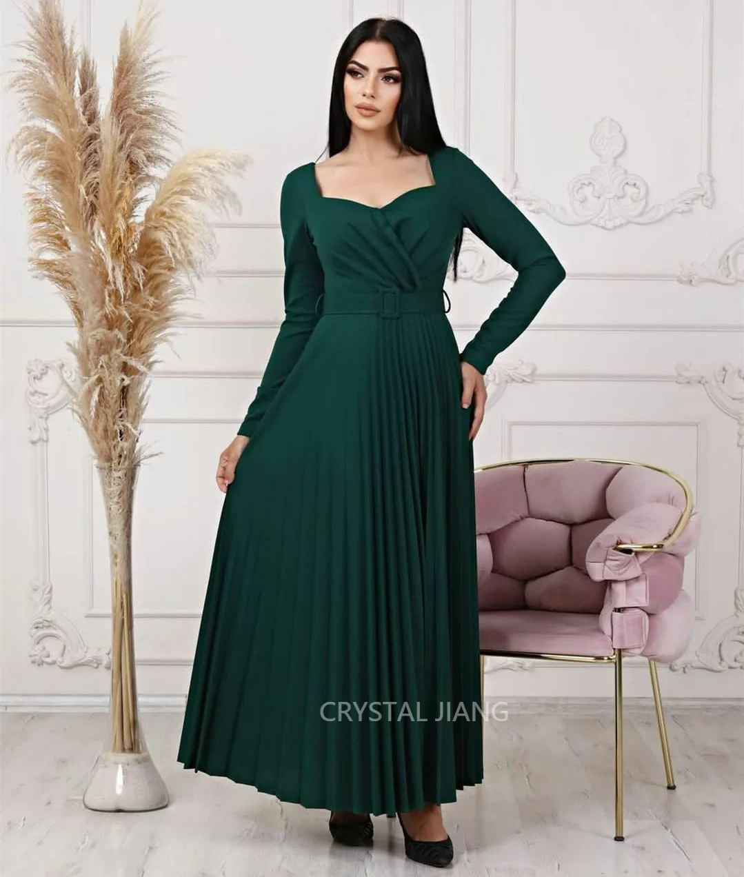 Robe de soirée longue plissée pour femme, robes musulmanes, ligne A, longueur de rinçage, robe de Rhchérie, vert