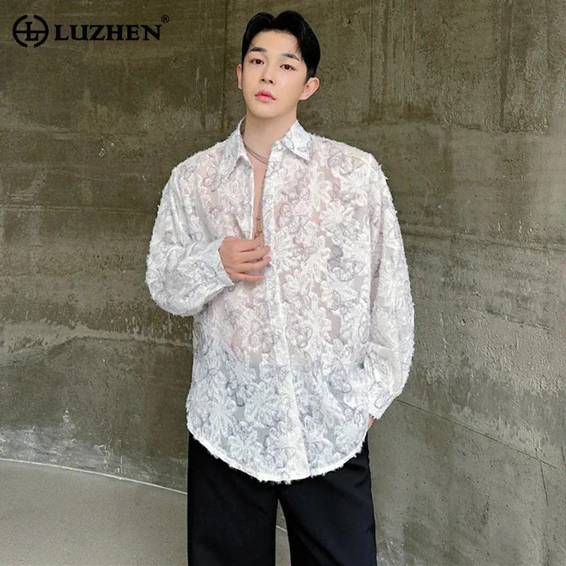 LUZHEN Translucent Long Butterfly Design Trendy Sleeved Pattern Jacquard Shirts Original Thin Fashion New 2026 Men Tops JY8273