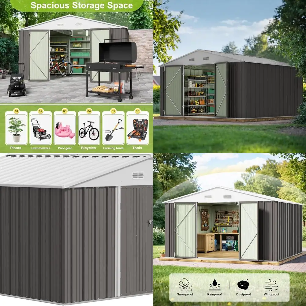 

Серая металлическая навеска для хранения на открытом воздухе размером 10 x 10 футов — большая навеска для садовых инструментов для патио и газона