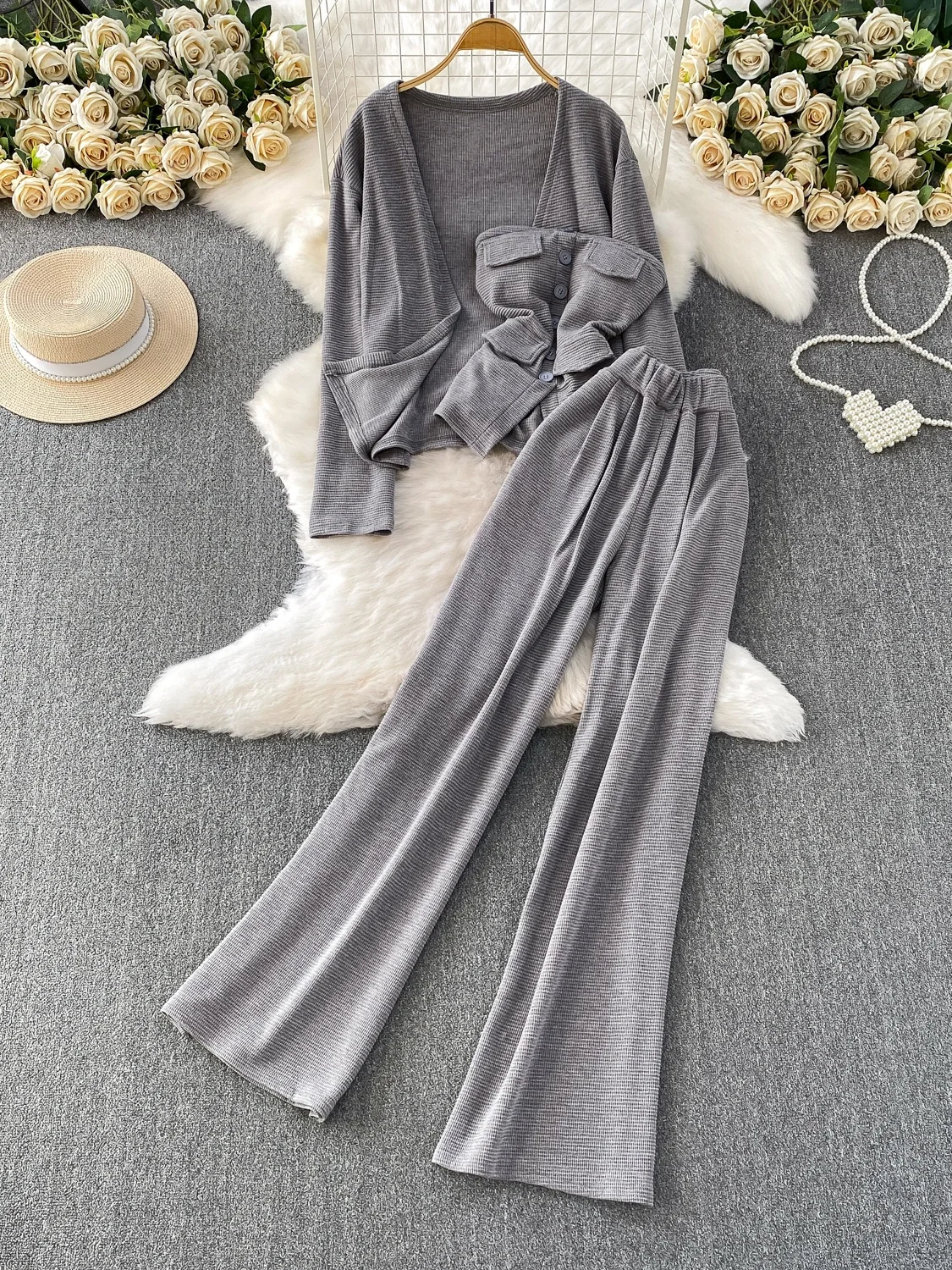 Ele Drama Coreano Fem Chumbo Aberto Cardigan furador Casual Calças de Cintura Alta Conjunto de Peça de Camiseta Oulder Pad Crop Top Faion En...