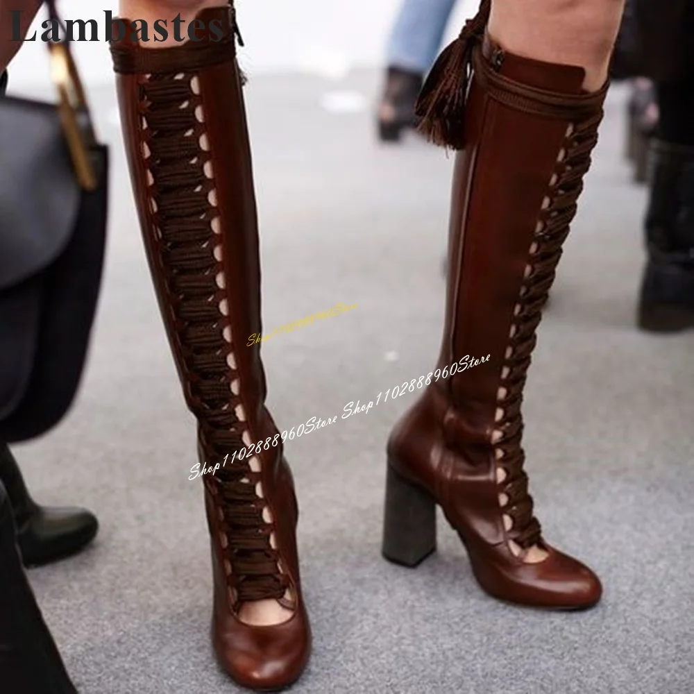 

Cross Tied Coffee Color Tassels Slim Boots Chunky High Heel Women Shoes Side Zipper Round Toe 2024 Fashion Zapatos Para Mujere