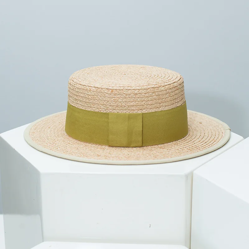 Korean New Raffia Flat Top Sun Hat for Women, Spring Summer Beach Travel UV Protection Hat