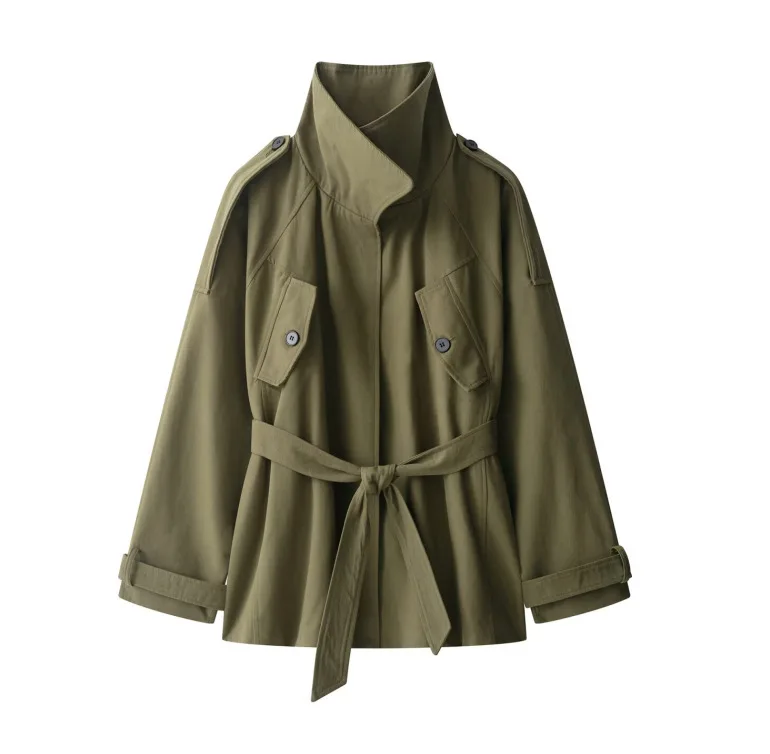 

Элегантный женский модный плащ, свободный повседневный плащ со стильным поясом, куртка с карманами, осенне-зимняя повседневная верхняя одежда с воротником-стойкой