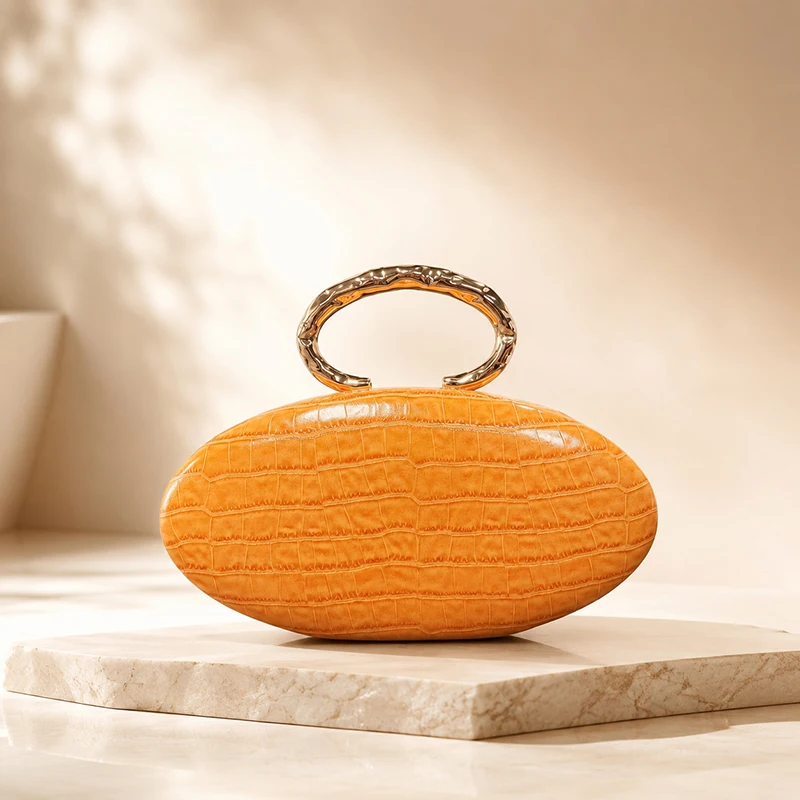  Eiförmige Handtasche mit Krokodil-Textur und Acryl-Griff, ovale Abendtasche mit Kettenriemen für Damen, luxuriöse Clutch für Hochzeiten und Partys. – Detail 25