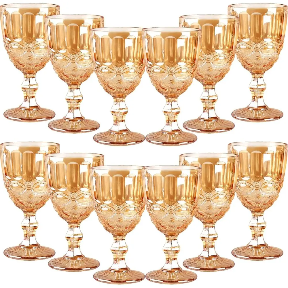 

12 Pcs Vintage Wine Glasses, 10 Ounces Colored Glass Water Goblets, Unique Emed High Clear Stemmed Glassware Wedding Party Bar G