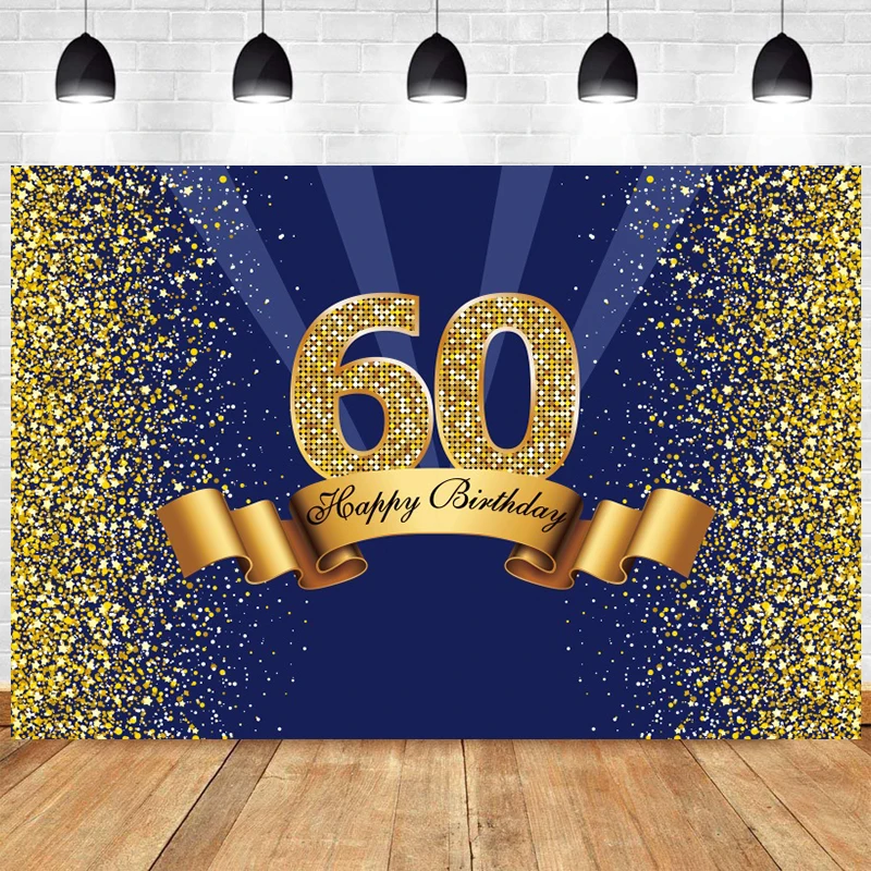 

Happy 60th Birthday Backdrop for Women Men 60 Years Anniversary Party Decorations Banner Blue Gold Photography Background Props