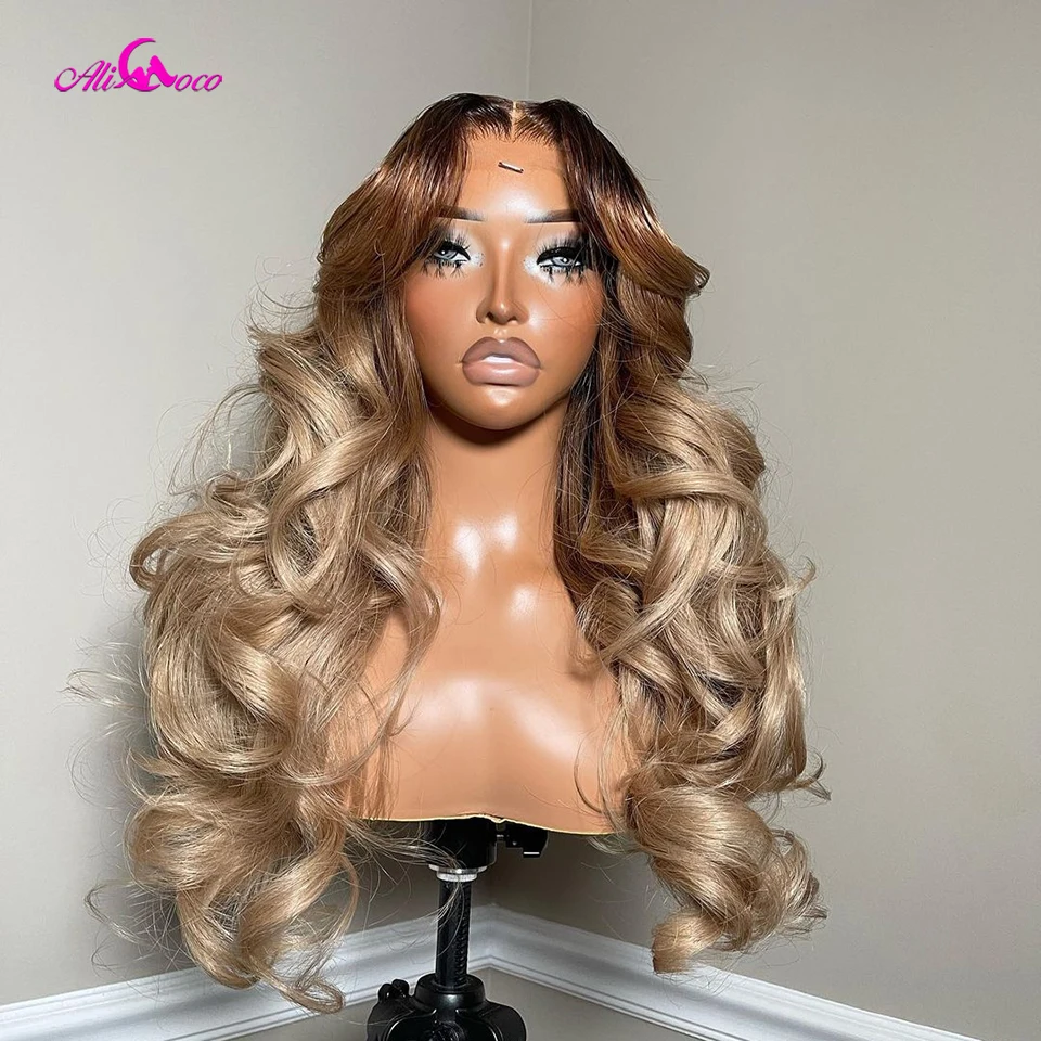 

Ombre Brown Blonde 180 Density Body Wave 34 36 inches Lace Frontal Human Hair Wigs Brazilian Hair 13x6 Pre Plucked For Women