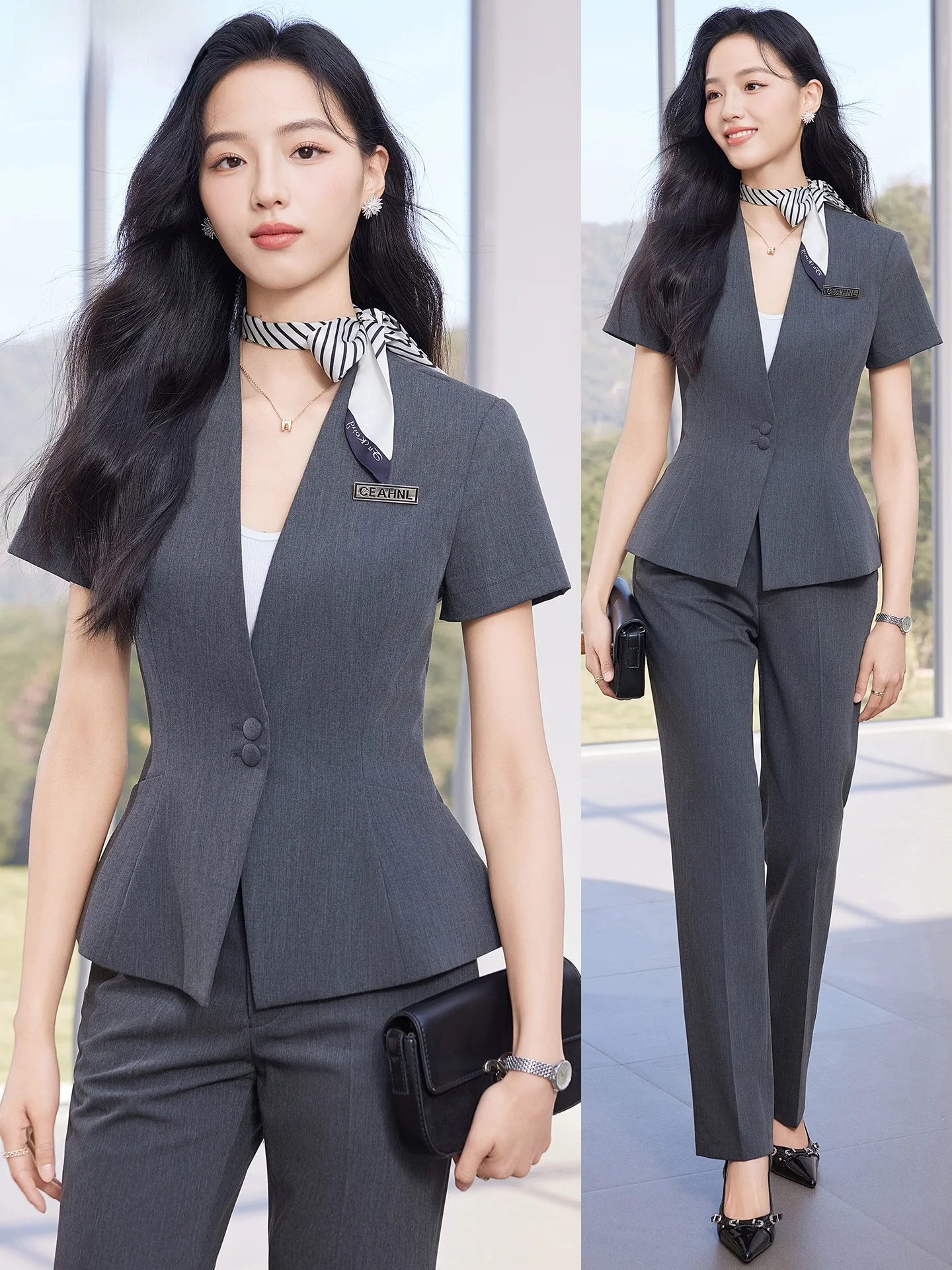 

Серый летний костюм с коротким рукавом для женщин: тонкий, профессиональный, формальный, для работы, униформа для менеджеров отелей, высококачественный, для деловых поездок