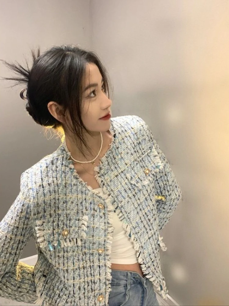 

Elegant Vintage Simple Tweed Coat Women Y2k O-neck Single Breasted Tops Mujer 2025 Early Autumn New Long Sleeve Jackets