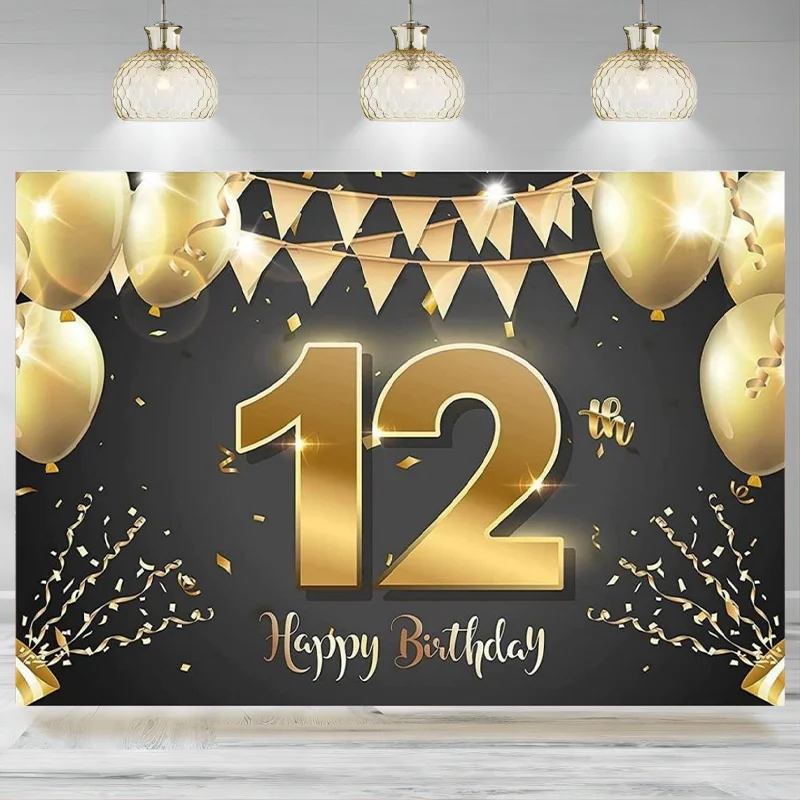 

Happy 12th Birthday Banner Backdrop 12 Years Old Birthday Decoration Party Photographic Background Girls Boys Black Gold