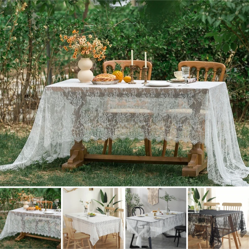 White Lace Party Rectangular Tablecloth French Retro Elegant Hollow Out Table Cover for Wedding Party Decoration Tablecloth