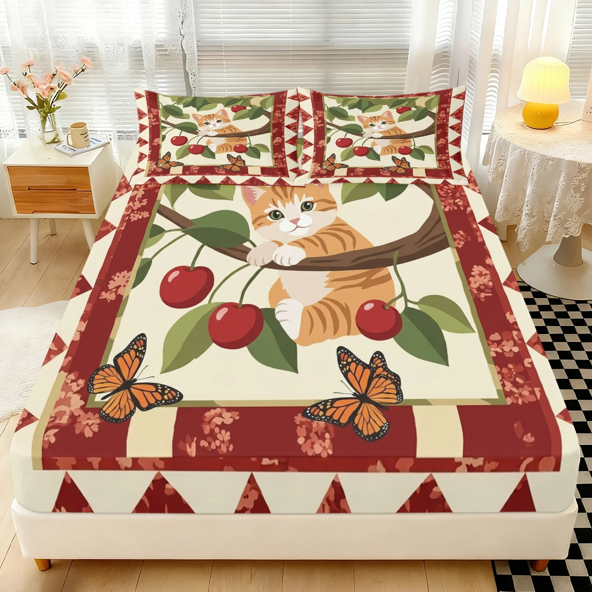 

Garden Floral Triangle Edge Kitten Fitted Sheet 3PCS, Cherry Fruit & Monarch Butterfly Orange Tabby Cat Elastic Mattress Cover