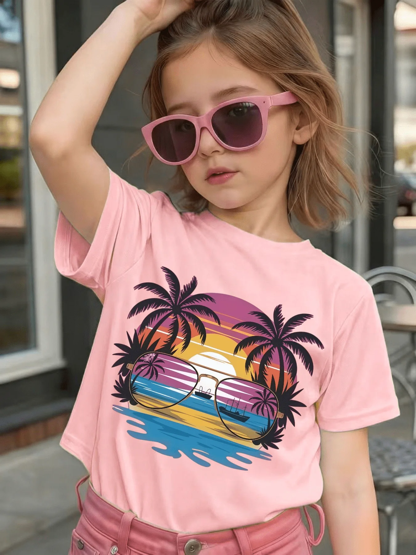 Cute Tropical Beach Palm Tree Sunset Graphic Kids Tee Boys Girls Family Matching Cotton Crew Neck Short Sleeve Soft Summer Tee