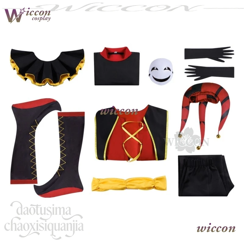 iesq/ The Freakak Game Circusus Cosplay Pierrotot Costume Red Black Horror Clown Uniform 3D Polylactic Acid Mask Wigs Halloween view 3