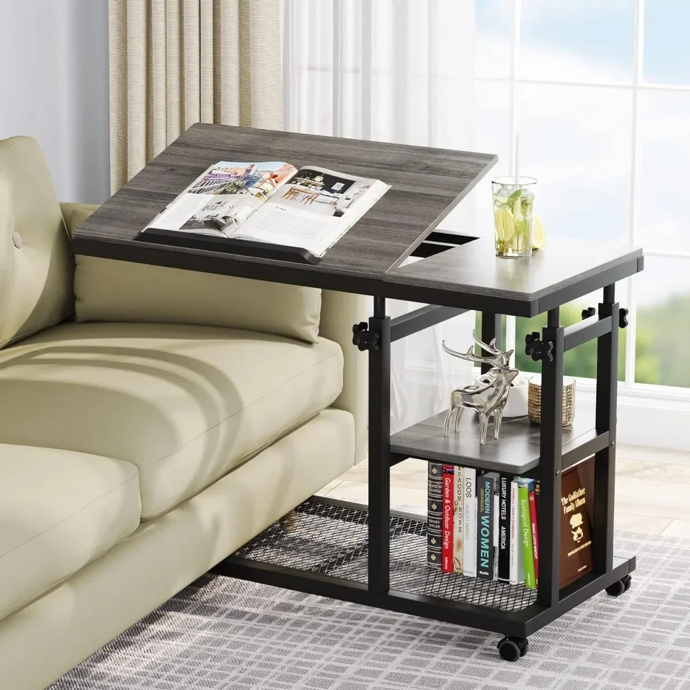 Simple Height Adjustable End Table With Wheels And Tiltable Drawing Board, Sofa Bedside Laptop Stand, Height Adjustable C Table