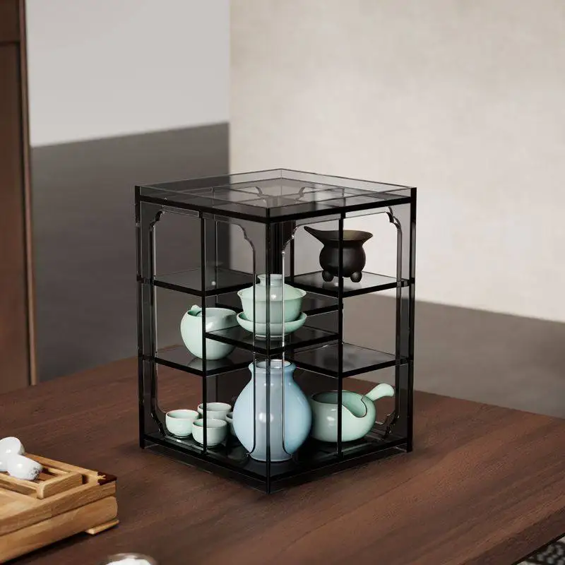 Acrylic desktop rotating Linglong Pavilion shelf new Chinese Zen storage cabinet teacup tea set teapot Duobao Pavilion