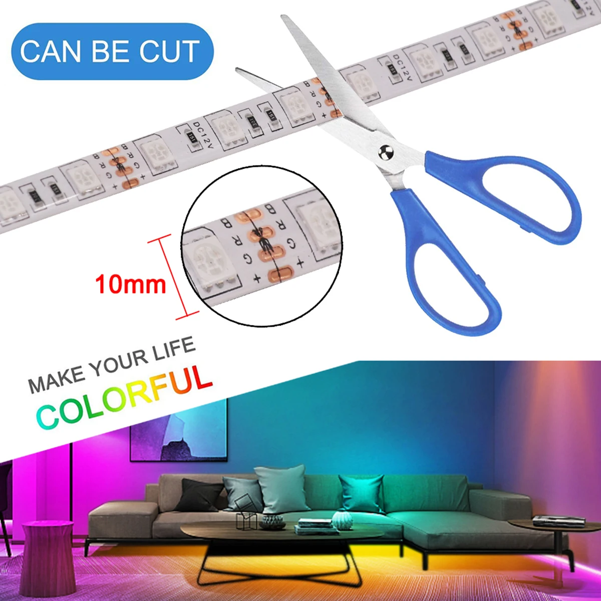 Tira de Luces LED RGB de 12 V CC con Controlador de 44 Teclas, Alimentación EU, SMD 5050, 60 LED/m, 3000 K, 6000 K, Cinta Adhesiva Flexible de Alta Densidad, Iluminación Lineal, Decoración del Hogar