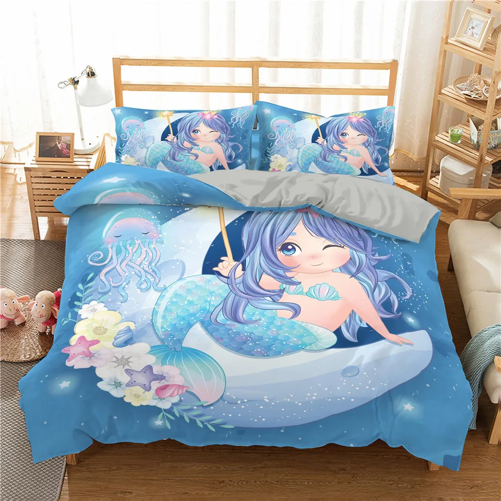 Mermaid Duvet Cover King Queen Cute Cartoon Fairy Tale Sea Creature Bedding Set Fish Scale Girly 2/3pcs Polyester Quilt Cover