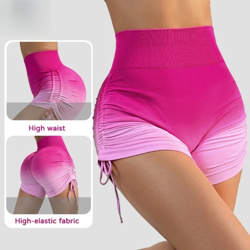 Yoga Gradient Shorts Women High Waist Leggings Seamless Sexy Hip Liftting Shorts Gym Workout Running Skinny Drawstring Shorts