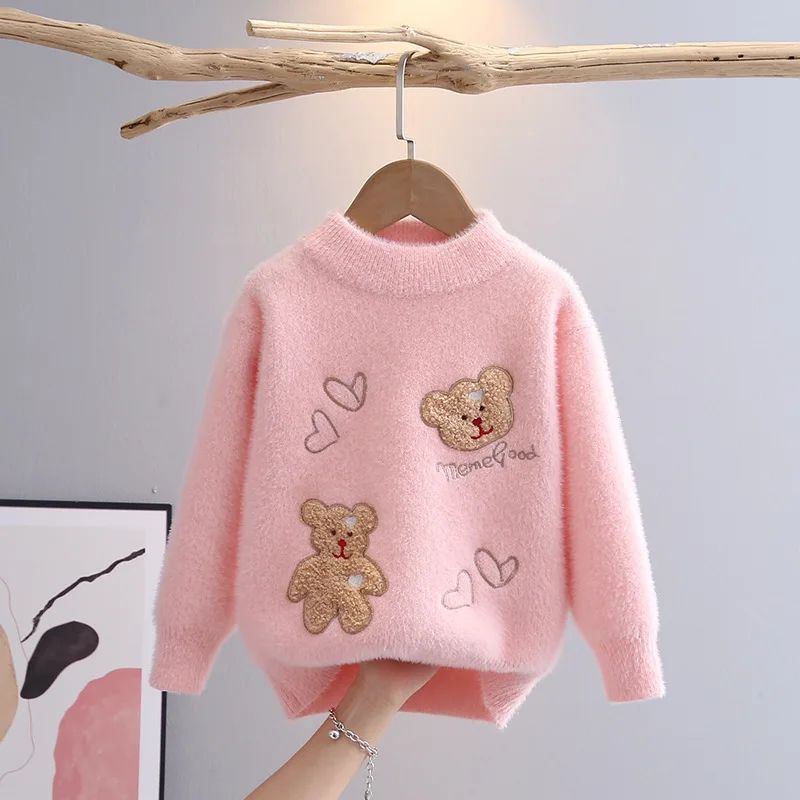 2023 Korean Style Cartoon Bear Print Knitted Sweater Kids Girl Kawaii Harajuku Long Sleeve Winter Love Jumper for Girls GY09231